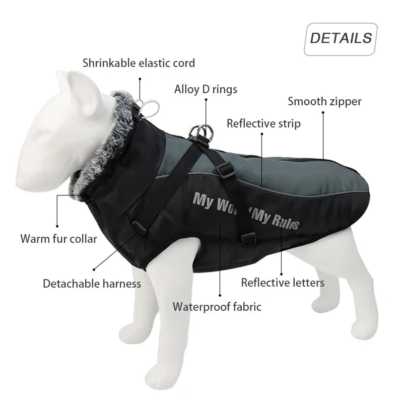 Waterproof Large Dog Clothes Winter Dog Coat with Harness Furry Collar Warm Pet Clothing Big Dog Jacket Labrador Bulldog Costume