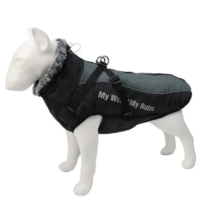 Waterproof Large Dog Clothes Winter Dog Coat with Harness Furry Collar Warm Pet Clothing Big Dog Jacket Labrador Bulldog Costume