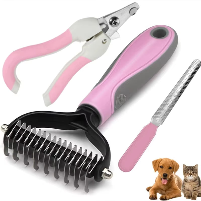 Pets Fur Knot Cutter Dog Grooming Shedding Tools Pet Cat Hair Removal Brush Double Sided Comb with Nail Clippers Trimmers 2023