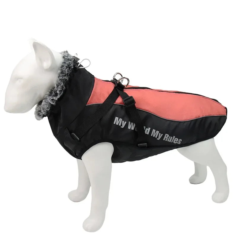 Waterproof Large Dog Clothes Winter Dog Coat with Harness Furry Collar Warm Pet Clothing Big Dog Jacket Labrador Bulldog Costume