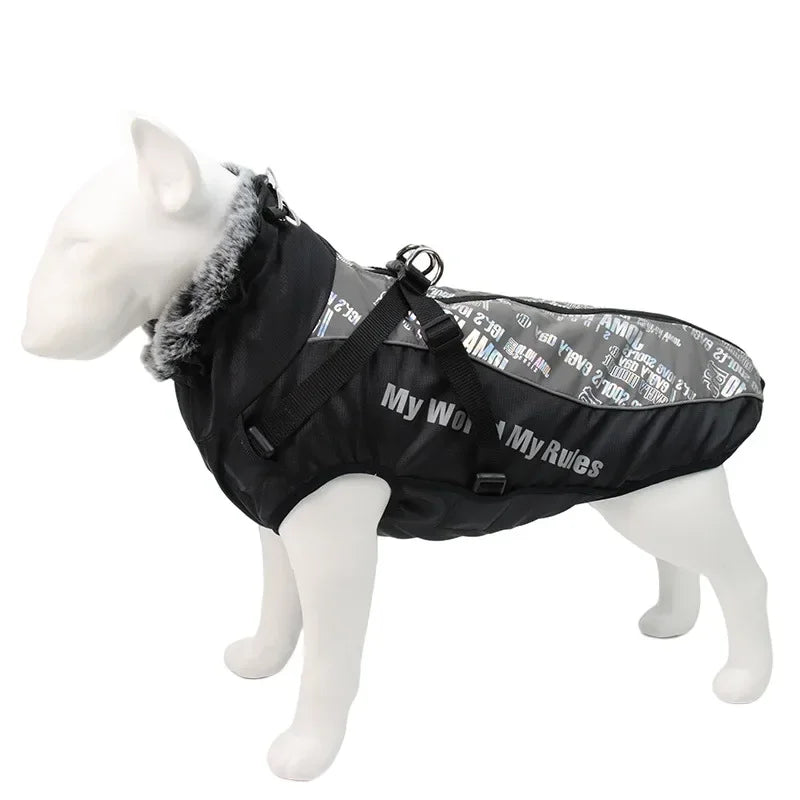 Waterproof Large Dog Clothes Winter Dog Coat with Harness Furry Collar Warm Pet Clothing Big Dog Jacket Labrador Bulldog Costume