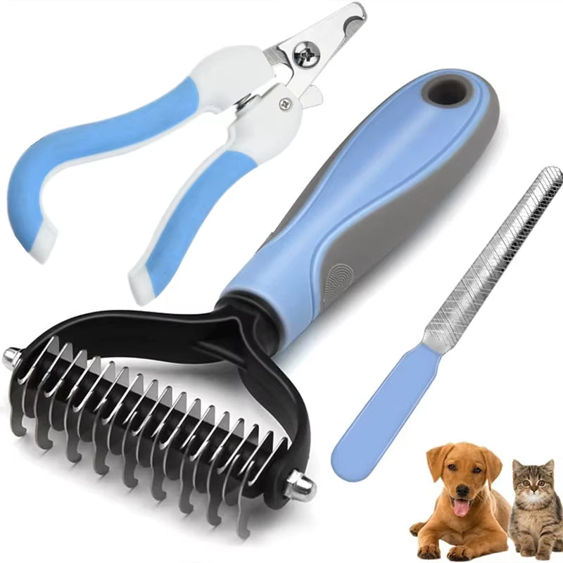 Pets Fur Knot Cutter Dog Grooming Shedding Tools Pet Cat Hair Removal Brush Double Sided Comb with Nail Clippers Trimmers 2023