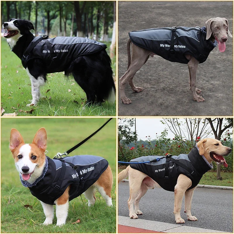 Waterproof Large Dog Clothes Winter Dog Coat with Harness Furry Collar Warm Pet Clothing Big Dog Jacket Labrador Bulldog Costume