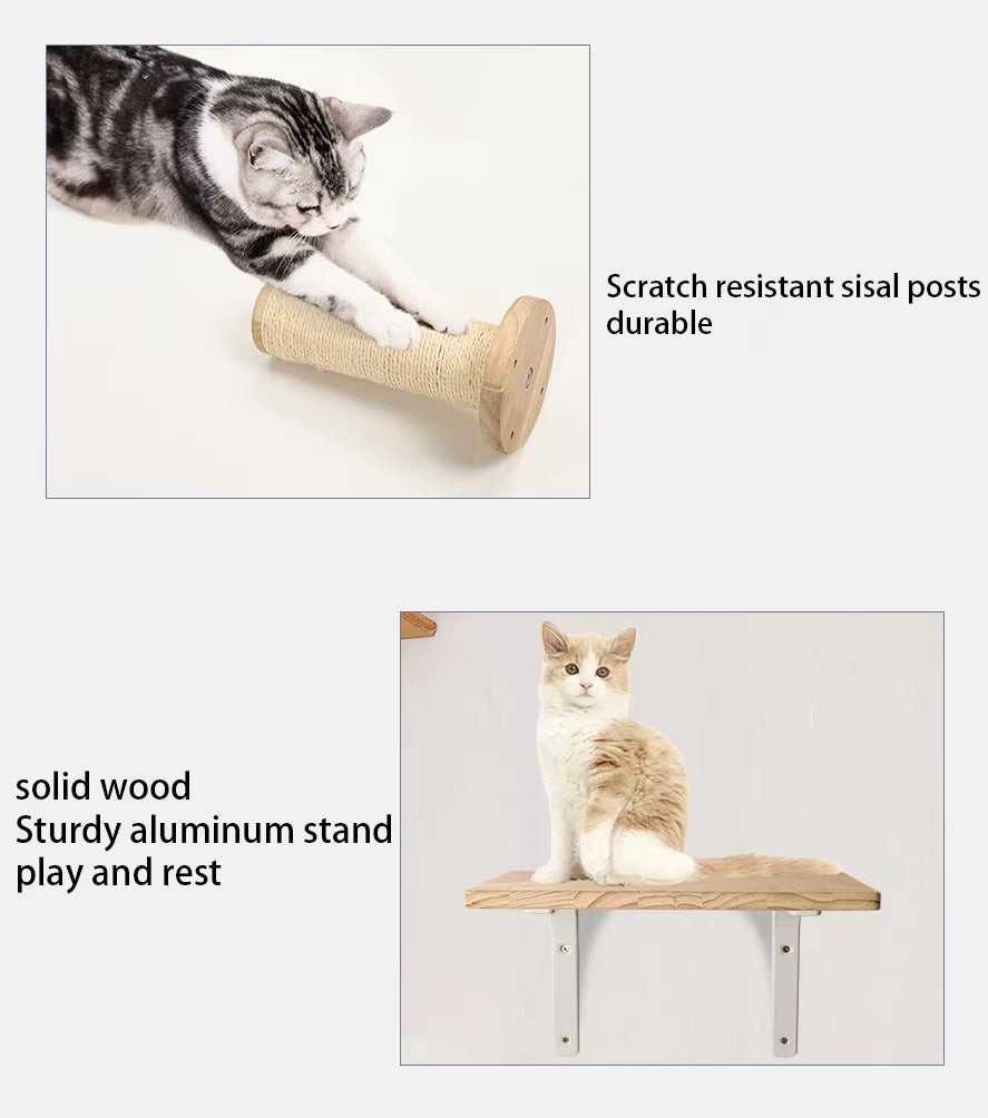 1PC Cat Tree Wall Mounted Cat Shelves Scratching Post for Cat Jumping Platform and Cat Hammock Rope Ladder Wall Wooden Furniture