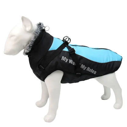 Waterproof Large Dog Clothes Winter Dog Coat with Harness Furry Collar Warm Pet Clothing Big Dog Jacket Labrador Bulldog Costume