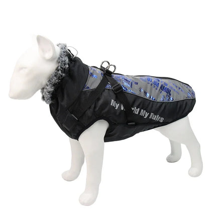 Waterproof Large Dog Clothes Winter Dog Coat with Harness Furry Collar Warm Pet Clothing Big Dog Jacket Labrador Bulldog Costume